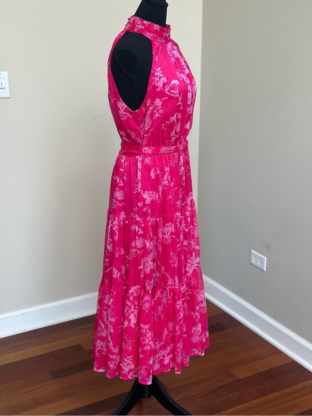 NWOT - Lulu's Hot Pink Floral Print Halter-Neck Tiered Midi Dress - Picture 3 of 11